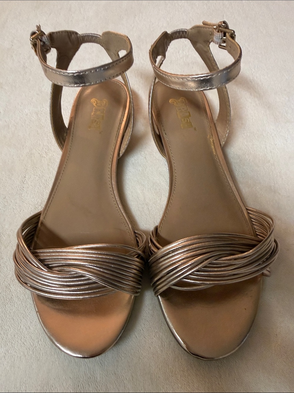 Brash Metallic Rose Gold Braided Ankle-Strap Sandals
